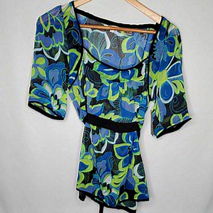 Capacity Unlimited‎ Sheer Floral Babydoll Blouse Blue Black L